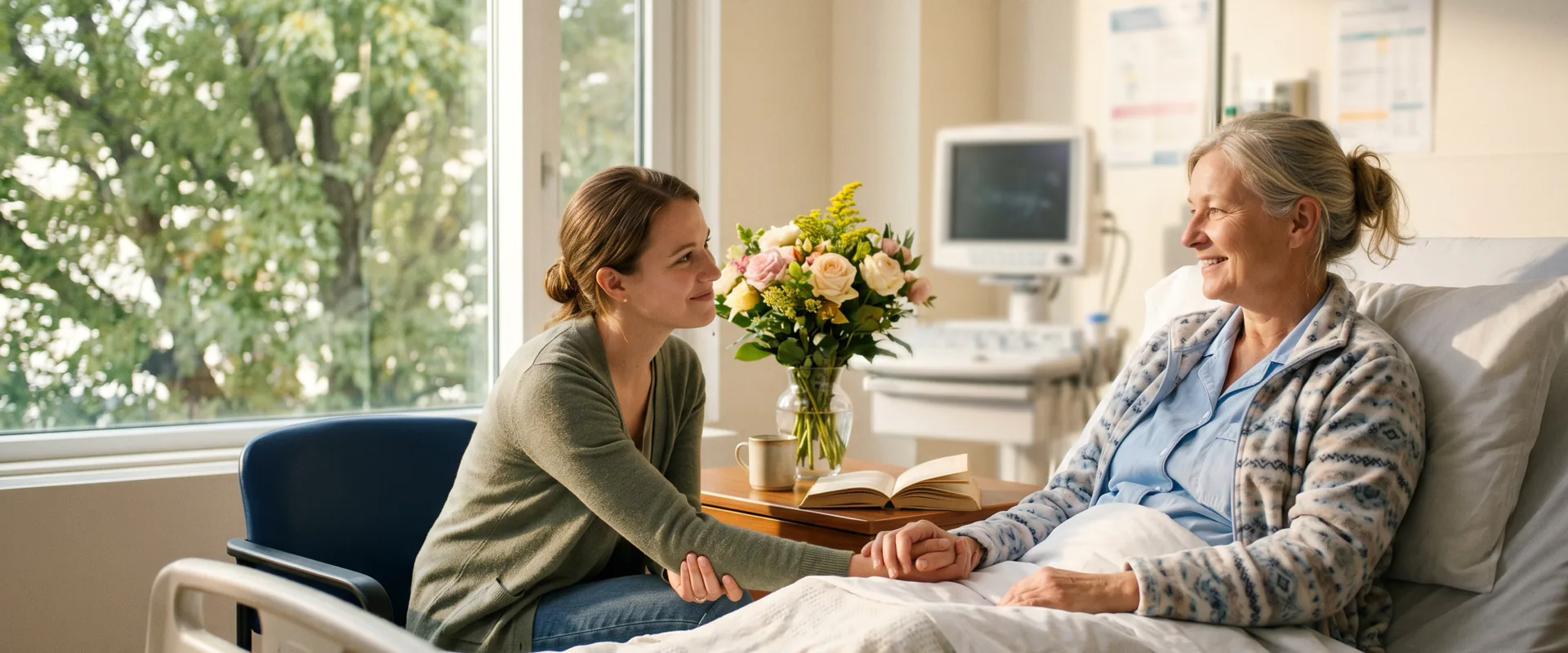 Patient im Krankenhauszimmer im Gespräch mit einer Pflegekraft