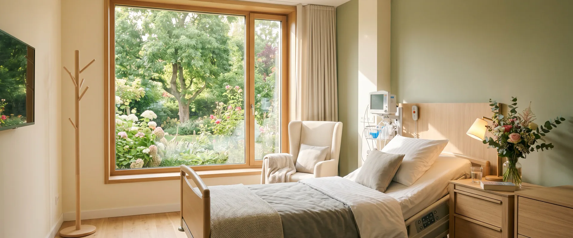 Helles Patientenzimmer mit Blick ins Grüne
