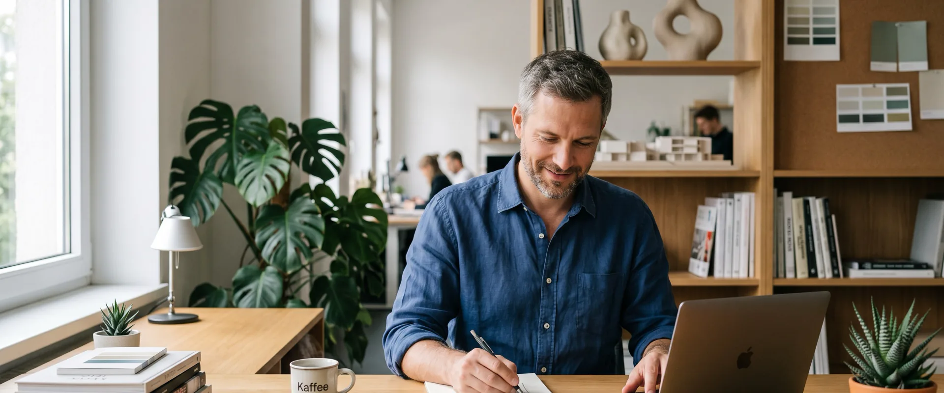 Person arbeitet konzentriert am Schreibtisch