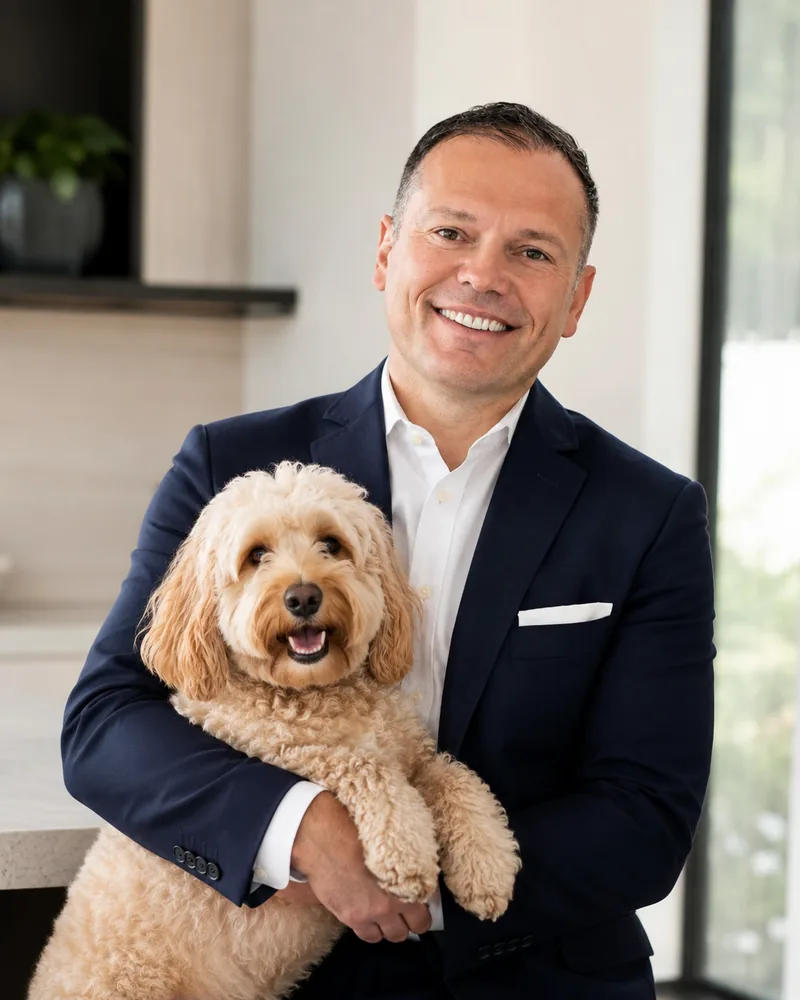 Gianclaudio Sena, Inhaber der Allianz-Agentur, mit Hund